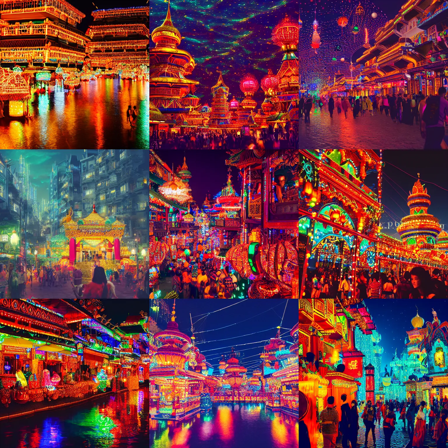 Prompt: photography of A vibrant magical eastern civilization at night, built around ocean, full with people, a lot of lights. Trending on artstation