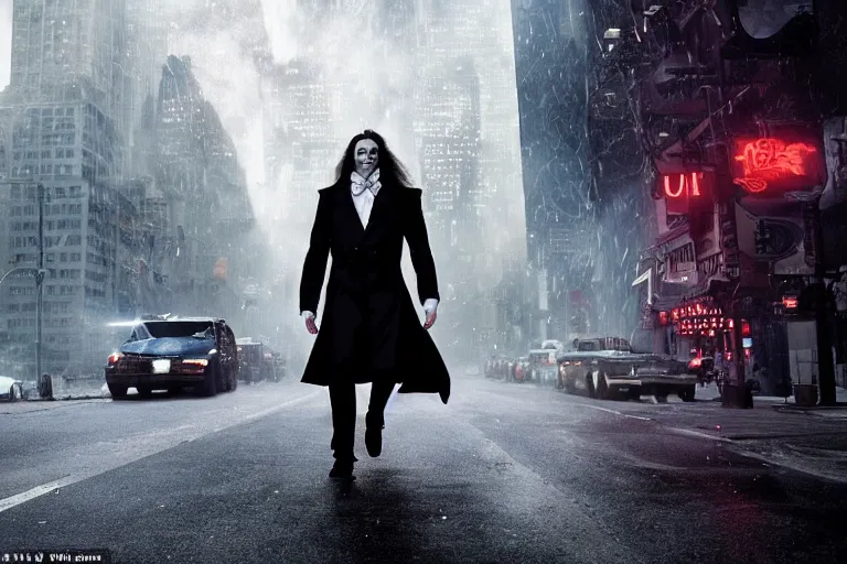 Prompt: vfx movie suave handsome grinning vampire with long white hair, trench coat, dual wielding large revolvers, leaping into the air, low gravity in a shattered reality of new york city, by emmanuel lubezki