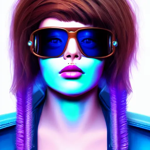 Prompt: closeup painting of a very beautiful young mexican cyberpunk woman with a smirk, wearing light blue shades and a purple leather jacket collar, one side haircut, long brown hair with light blue ends, portrait, hyperdetailed, artstation, cgsociety, 8 k, synthwave by tangerine dream