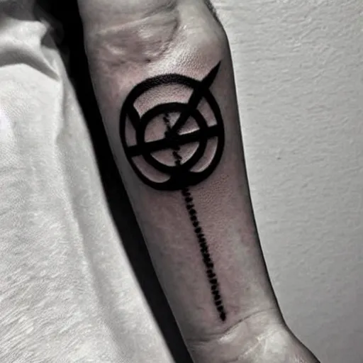 Image similar to a small black tattoo on the arm, symbol, whole tattoo, realistic, very detailed