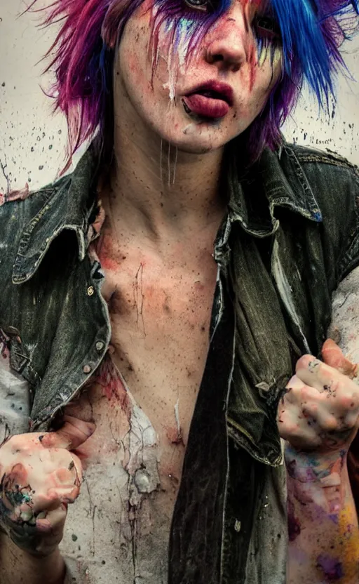 Prompt: realistic photography of a grungy woman with rainbow hair, drunk, angry, soft eyes and narrow chin, dainty figure, long hair straight down, torn overalls, basic white background, side boob, in the rain, wet shirt, symmetrical, single person, style of by Jordan Grimmer and greg rutkowski, crisp lines and color,