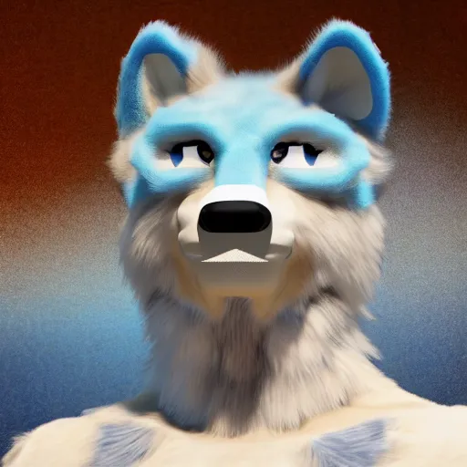 Prompt: 3 d render, well toned, large and tall, female, anthropomorphic wolf with a short snout, blue scales and fur with white spots and wings on her back, icey blue dress, furr covering her chest.