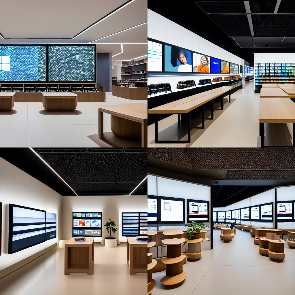 Prompt: (2050s Microsoft minimalist zen japandi retail interior. Mobile phones. large oak tables, empty stools, fragrant plants, large digital screens) muted palette, architectural photography, wide shot, XF IQ4, 14mm, f/1.4, ISO 200, 1/160s, 8K, RAW, unedited, symmetrical balance