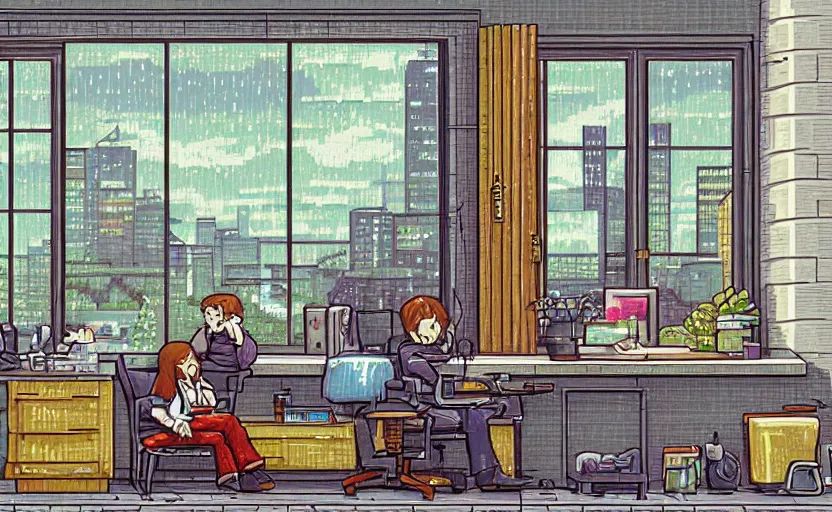 Prompt: Artstation Character sitting and relaxing in front of their work desk in their cozy room as a peaceful rainy city scene is seen through the room's window. Smooth Highly detailed masterpiece pixel-art. in the style of Close Highly detailed masterpiece professional artistry Sega, Namco, Neogeo, Capcom artist's Pixel-art. Trending on artstation. Slice-of-life genre art. Balanced colors and lighting scheme by James Gurney and artgerm. In the style of a 'Music to chill/study' to youtube video.