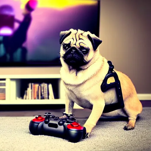 Image similar to pug wearing headphones, holding controller, intensely gaming on his TV