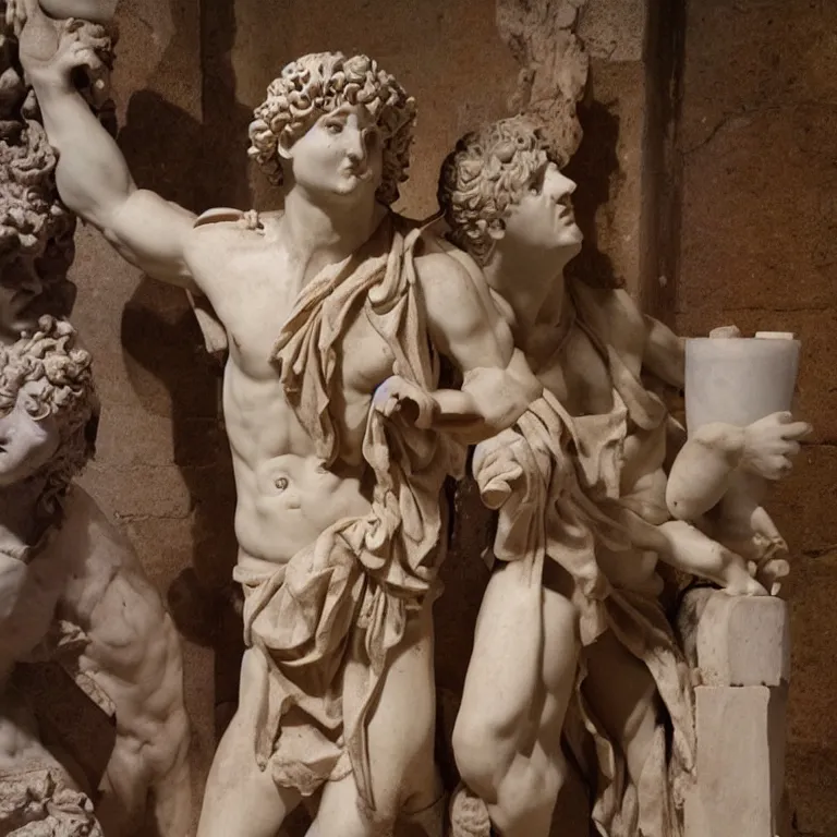 Image similar to at the rave, Dionysus drinks wine to forget his painful memories, ancient greek sculpture