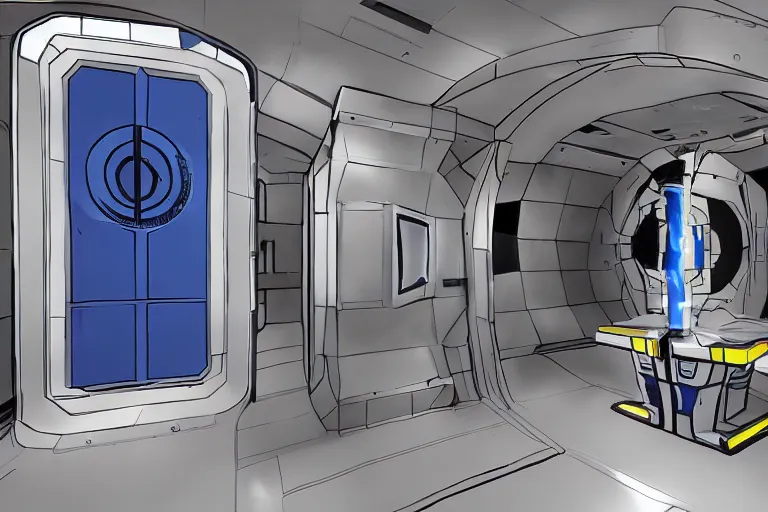 Image similar to futuristic tardis interior stylized like portal 2