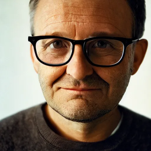 Prompt: portrait of a 45 years old man, little stocky, short hair, 1 millimeter stubble, modern glasses, friendly face, art teacher, natural light, photorealistic, photograph by annie leibovitz