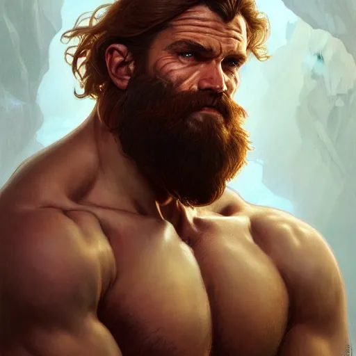 Image similar to portrait of a rugged male barbarian, handsome, upper body, D&D, muscular, fantasy, intricate, elegant, highly detailed, digital painting, artstation, concept art, smooth, sharp focus, illustration, art by artgerm and greg rutkowski and alphonse mucha