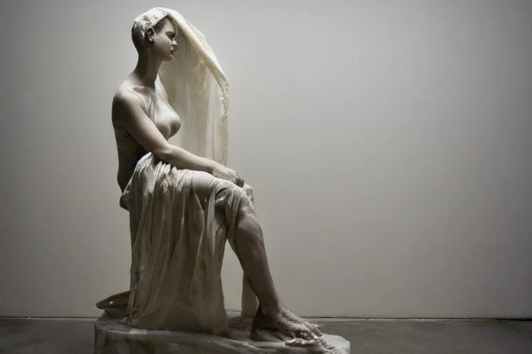 Image similar to a sculpture of a beautiful woman sitting on a chair, a white marble sculpture covered with floating wax by nicola samori, behance, neo - expressionism, marble sculpture, apocalypse art, made of mist