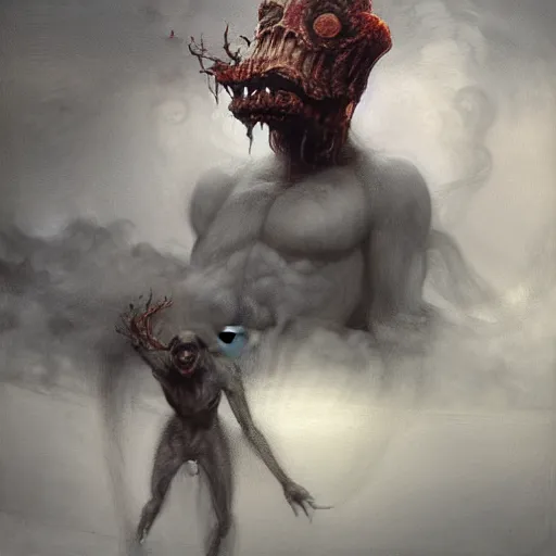 Image similar to Sinister manifestation of Insomnia Demon, ghoul, spirit ghost. Smoke, silk, teeth. by Zdzisław Beksiński, Dariusz Zawadzki, Mariusz Lewandowski, Tom Bagshaw, Aeron Alfrey, Bernie Wrightson, Daarken, Boris Groh, Tsutomu Nihei and Erik Johansson