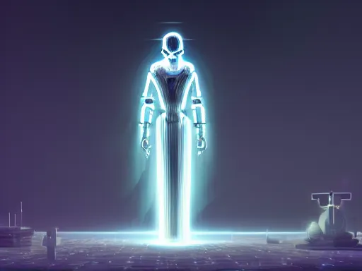 Image similar to a gray faceless figure, ascended, robot wizard, NPC with a saint\'s halo, saintly halo behind their head made of neon filigree, consulting the cyber oracle of all knowledge, at the end of time, in an esoteric ritual exchange of physical code, 8k, 4k, unreal 5, DAZ, trending on artstation, octane render, abstract painting, bright blue future