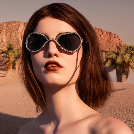 Image similar to avant-garde art, deco fashion, highly detailed, photorealistic portrait, serene desert, afternoon hour, crisp quality and light reflections, unreal engine 5 quality render