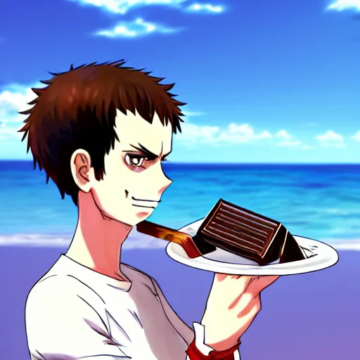 Image similar to andy murray eating chocolate on the beach, sunshine, illustration, style of sword art online, trending on artstation