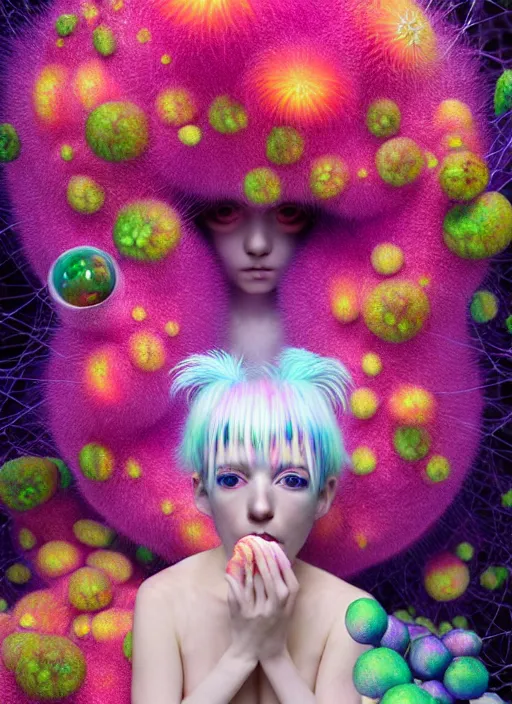 Image similar to hyper detailed 3d render like a Oil painting - kawaii portrait Aurora (white haired Singer Ferret) seen Eating of the Strangling network of yellowcake aerochrome and milky Fruit and Her delicate Hands hold of gossamer polyp blossoms bring iridescent fungal flowers whose spores black the foolish stars by Jacek Yerka, Mariusz Lewandowski, Houdini algorithmic generative render, Abstract brush strokes, Masterpiece, Edward Hopper and James Gilleard, Zdzislaw Beksinski, Mark Ryden, Wolfgang Lettl, hints of Yayoi Kasuma, octane render, 8k