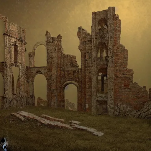 Prompt: an old victorian town ruin at midnight. surreal. beksinski. fractal pattern. 4 k. high details