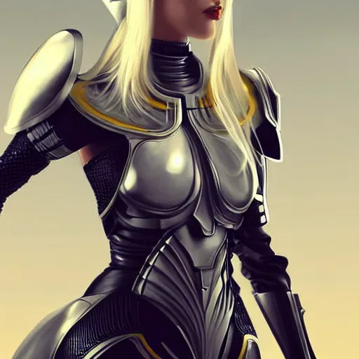 Prompt: a beautiful woman wearing futuristic armor, blonde, long hair, pixiv, hyperrealistic