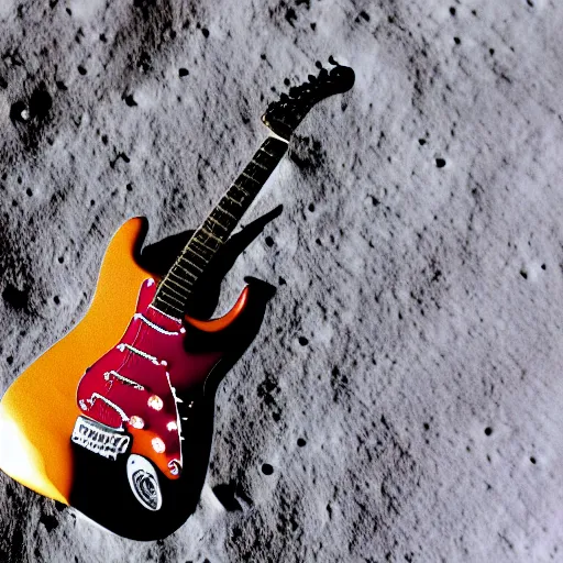 Image similar to real photo of a stratocaster electric guitar sitting idle on the moon. detailed. 8k