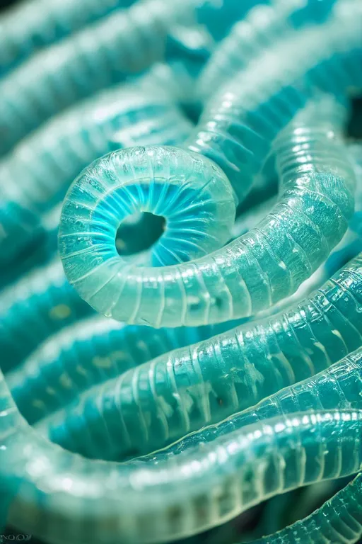 Prompt: high quality macro photo translucent gelatinous worms! gorgeous highly detailed hannah yata elson peter cinematic turquoise lighting high quality low angle hd 8k sharp shallow depth of field