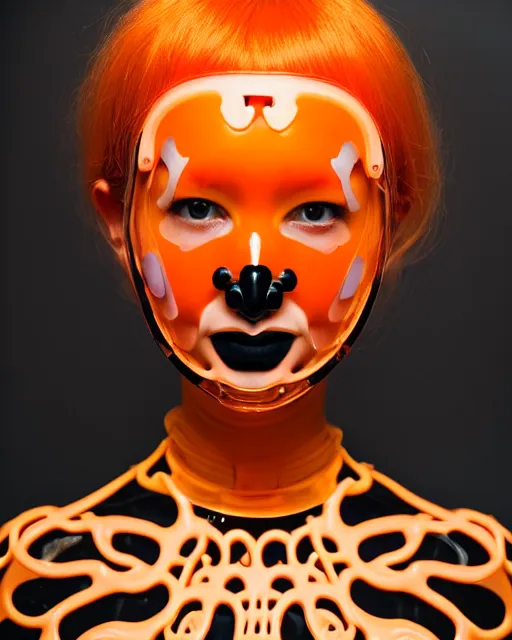 Image similar to symmetrical close - up portrait of a woman wearing a translucent silicone beauty mask and orange hair, wearing a black bodysuit by alexander mcqueen, standing in a garden full of plastic translucent flowers, black background, soft diffused light, biotechnology, humanoide robot, bjork aesthetic, translucent, by rineke dijkstra, intricate details, highly detailed, masterpiece,