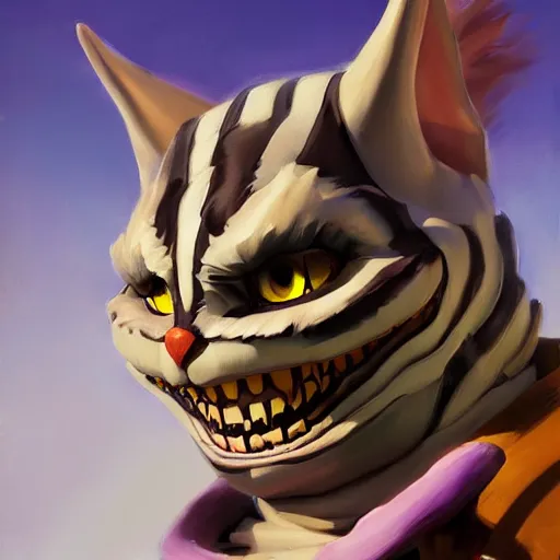 Image similar to greg manchess portrait painting of partially armored cheshire cat from alice in wonderland as overwatch character, medium shot, asymmetrical, profile picture, organic painting, sunny day, matte painting, bold shapes, hard edges, street art, trending on artstation, by huang guangjian, gil elvgren, ruan jia, randy vargas, greg rutkowski