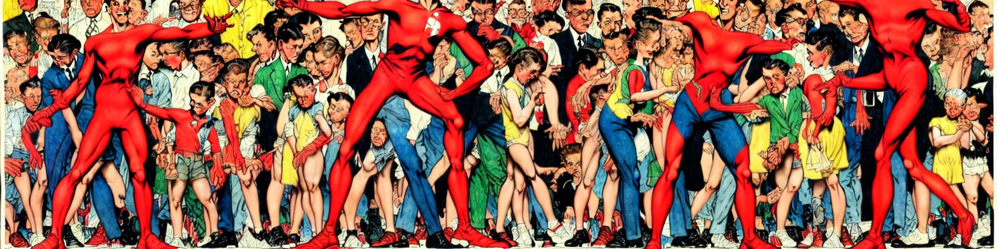 Prompt: plasticman showing off his weird limbs illustrated by norman rockwell with very long hands and arms and fingers and legs and feet twirling and twisting around at a very sunny park in a very crowded city with people looking surprised and stunned, funny, silly