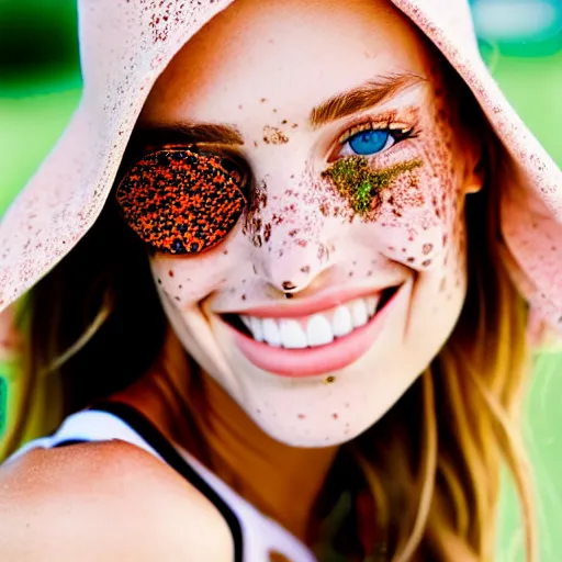 Image similar to a trending photo of over a million views from a female fashion model's instagram account, summer, freckles, smile, green eyes, natural, easygoing, healthy, nikon, leica, zeiss, 5 0 mm lens, flash fill, f 1. 8 depth of field