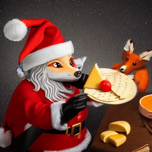 Prompt: A Detailed Award Winning Masterpiece, trending on artstation, 4k, of a fox wearing a santa hat, eating a cheese platter