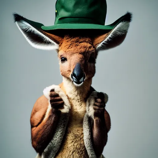 Prompt: a photo of a buff kangaroo wearing a hunters hat and vest, standing tall and strong with a hunters hat and vest, studio photography, 8 k