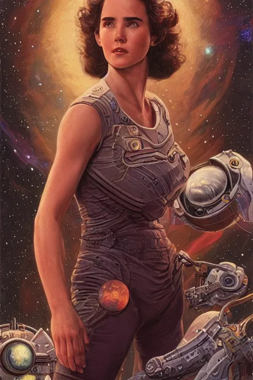 Image similar to young Jennifer Connelly as a ruggedly beautiful retro SCI-FI space heroine 1985 , movie poster, intricate, elegant, highly detailed, centered, digital painting, artstation, concept art, smooth, sharp focus, illustration, art by artgerm and donato giancola and Joseph Christian Leyendecker, Ross Tran, WLOP