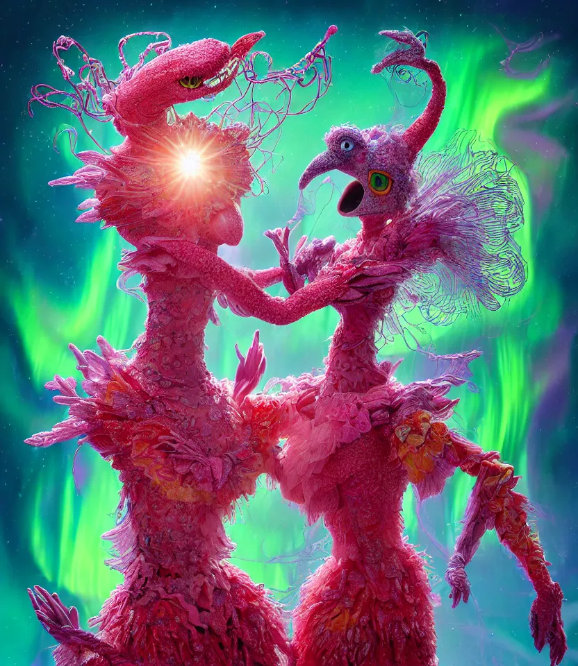 Image similar to hyper detailed 3d render like a Oil painting - kawaii portrait of two Aurora (a beautiful girl skeksis muppet fae princess protective playful expressive acrobatic from dark crystal that looks like Anya Taylor-Joy) seen red carpet photoshoot in UVIVF posing in scaly dress to Eat of the Strangling network of yellowcake aerochrome and milky Fruit and His delicate Hands hold of gossamer polyp blossoms bring iridescent fungal flowers whose spores black the foolish stars by Jacek Yerka, Ilya Kuvshinov, Mariusz Lewandowski, Houdini algorithmic generative render, golen ratio, Abstract brush strokes, Masterpiece, Edward Hopper and James Gilleard, Zdzislaw Beksinski, Mark Ryden, Wolfgang Lettl, hints of Yayoi Kasuma and Dr. Seuss, octane render, 8k