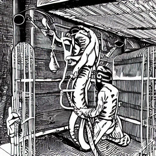 Image similar to monkeys greeting quetzalcoatl locked in a cage in a warehouse, 1 9 8 0's scifi, black and white, 8 k, highly ornate intricate details, extreme detail, punk xerox, lofi