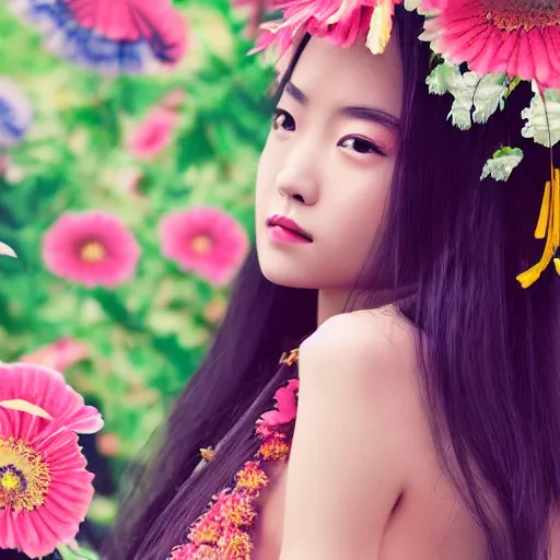 Image similar to a portrait of a young asiatic lady, perfect face, hot summertime hippie, fancy dress , flowers background , sunny day, perfecly detailed, realistic portrait, perfect design, natural light