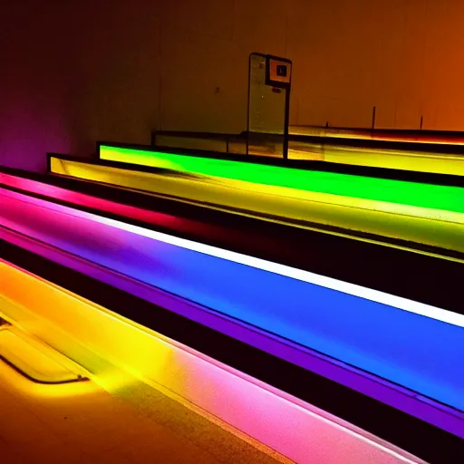 Image similar to a colour Polaroid photo of a side profile free standing illuminated escalator with iridescent Perspex panels in a field, nostalgic