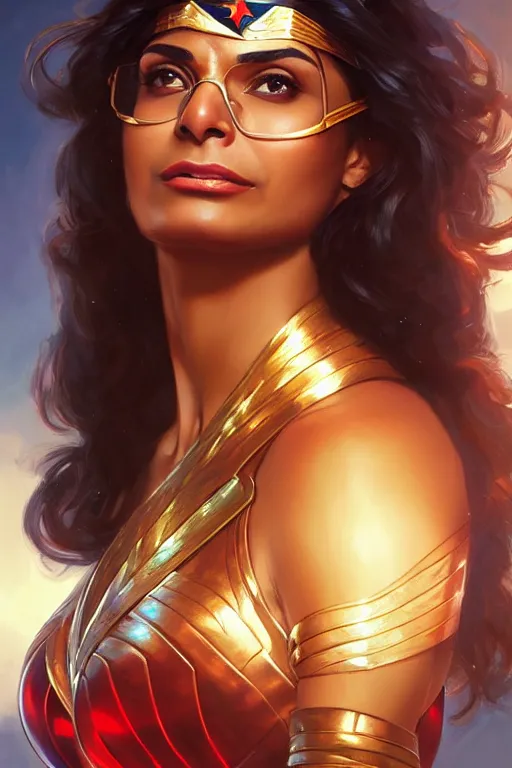 Image similar to mia khalifa as wonder women, portrait,, highly detailed, digital painting, artstation, concept art, smooth, sharp focus, illustration, cinematic lighting, art by artgerm and greg rutkowski and alphonse mucha