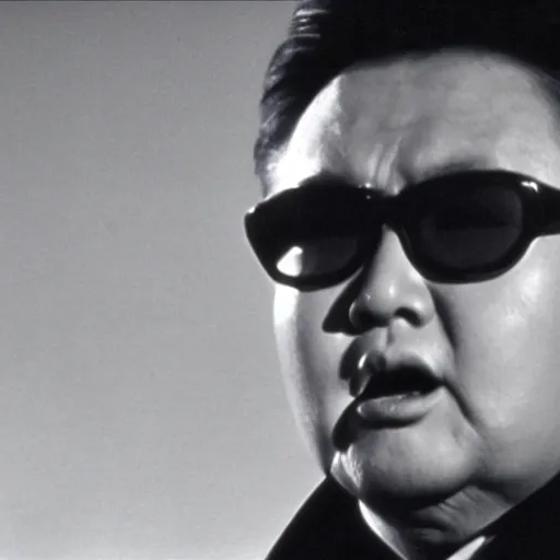 Image similar to Kim Jong-il in the role of James Bond, action filmstill, 1960s spy, Walther PPK