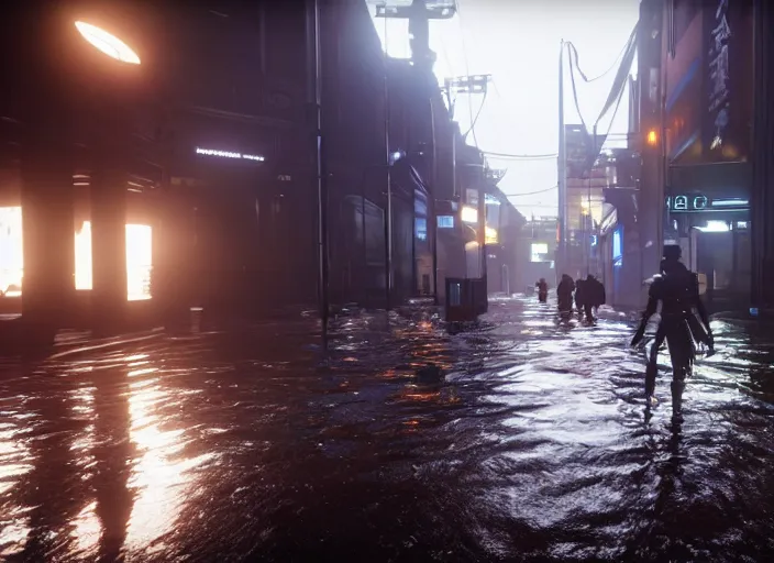 Image similar to 4k 60fps in-game destiny 2 gameplay showcase dark, misty, foggy, flooded rainy tokyo japan street in Destiny 2, liminal creepy, dark, dystopian, abandoned, highly detailed