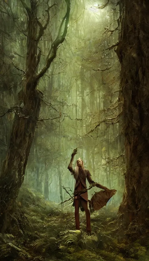 Prompt: Realistic painting of a high fantasy wood elf wizard in a magical forest clearing by Jean Baptiste Monge, Artgerm, Craig Mullins, trending on artstation volumetric lighting, dramatic lighting