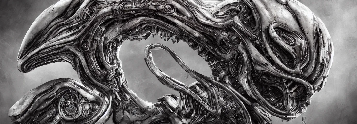 Image similar to engineer alien bood face by Artgerm, xenomorph alien, highly detailed, symmetrical long head, blood color, smooth marble surfaces, detailed ink illustration, raiden metal gear, cinematic smooth stone, deep aesthetic, concept art, post process, 4k, carved marble texture and silk cloth, latex skin, highly ornate intricate details, prometheus, evil, moody lighting, hr geiger, hayao miyazaki, indsutrial Steampunk