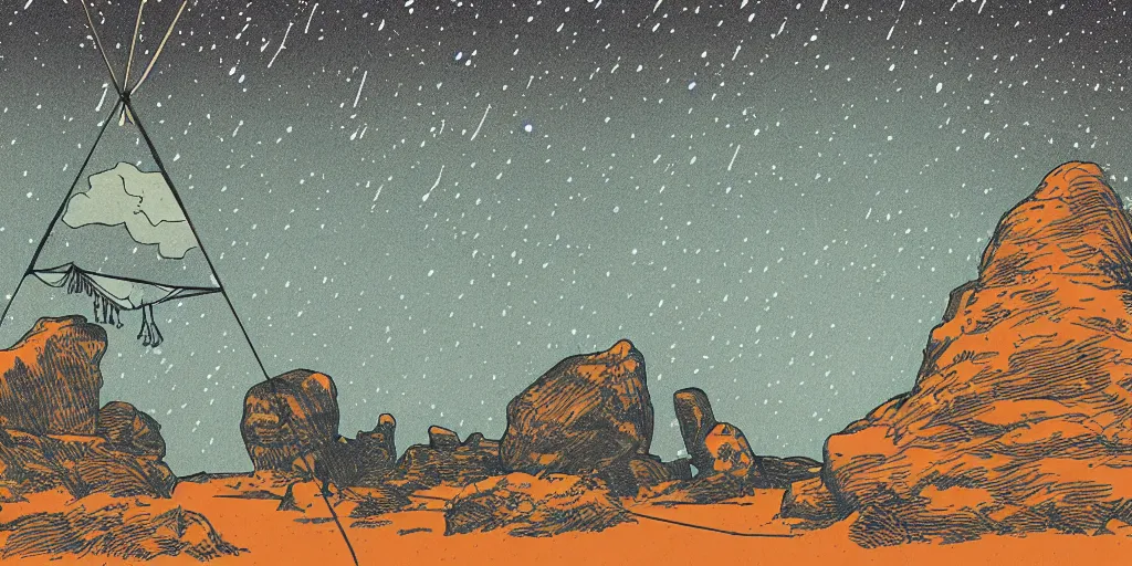 Image similar to a hammock under the stars next to an impossible rock formation, 1940s faded risograph print, illustration, limited color palette, earthtones, double-exposure, astrophotography