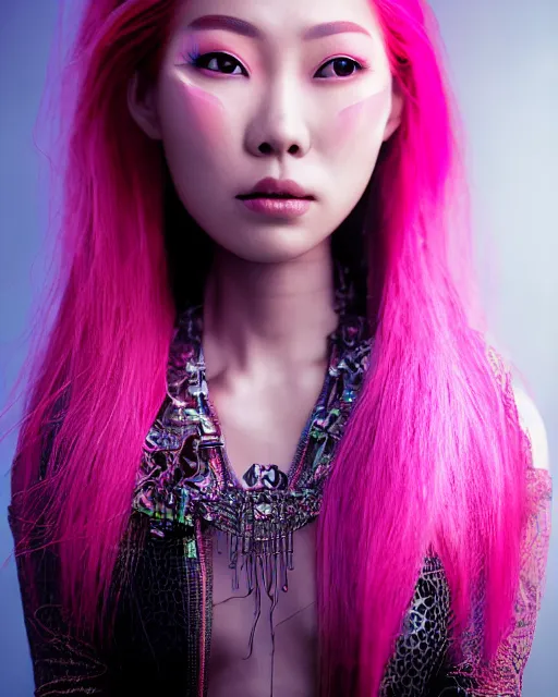 Image similar to portrait of a beautiful asian woman with pink hair as a cyberpunk cyborg, sci - fi, missing panels, intricate abstract upper body intricate artwork, concept art, octane render, deviantart, cinematic, key art, hyperrealism, iridescent accents, portrait photograph, nikon 3 5 mm, photograph by annie leibovitz and steve mccurry, greg rutkowski