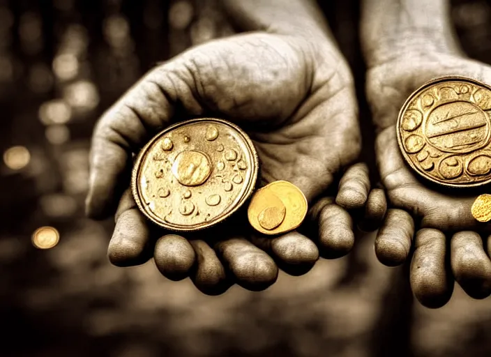 Image similar to old retro burnt out sepia photograph with scratches of an old and wrinkled hand holding a few golden coins with royal engravings. magical forest in the background with bokeh. Antique. High quality 8k. Intricate. Sony a7r iv 35mm. Award winning. Zdzislaw beksinski style