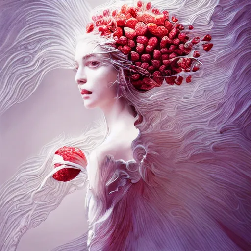 Image similar to the portrait of an absurdly beautiful, graceful, elegant, sophisticated, fashionable woman made of strawberries and white petals looking down, an ultrafine hyperdetailed illustration by kim jung gi, irakli nadar, intricate linework, bright colors, octopath traveler, final fantasy, unreal engine 5 highly rendered, global illumination, radiant light, detailed and intricate environment