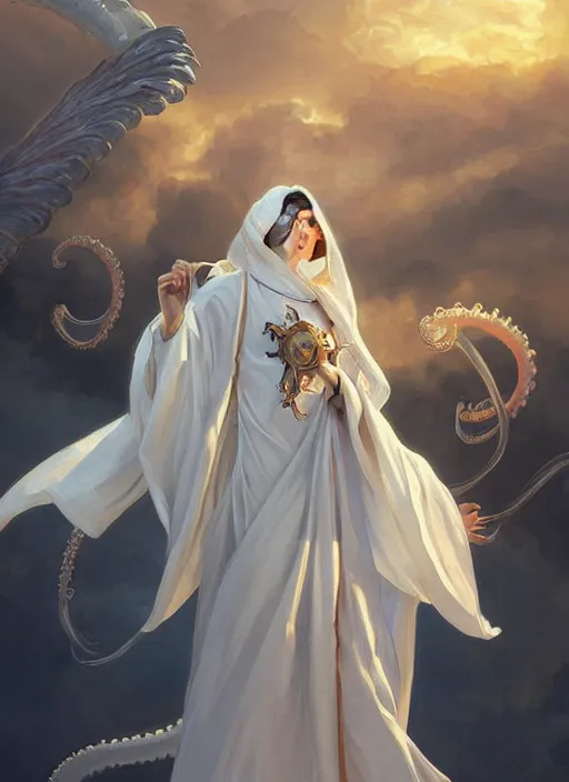 Prompt: holy cephalopod with long flowing white robe angelic wings and a single large knowing eye with long powerful tentacles, highly detailed, digital painting, artstation, concept art, matte, sharp focus, illustration, dramatic, sunset,hearthstone, art by Artgerm and Greg Rutkowski and Alphonse Mucha