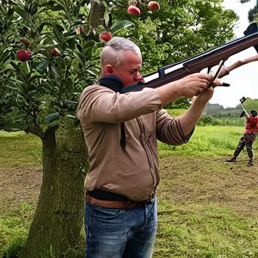 Prompt: Father with crossbow shooting an apple from the head of his son, bound to a tree