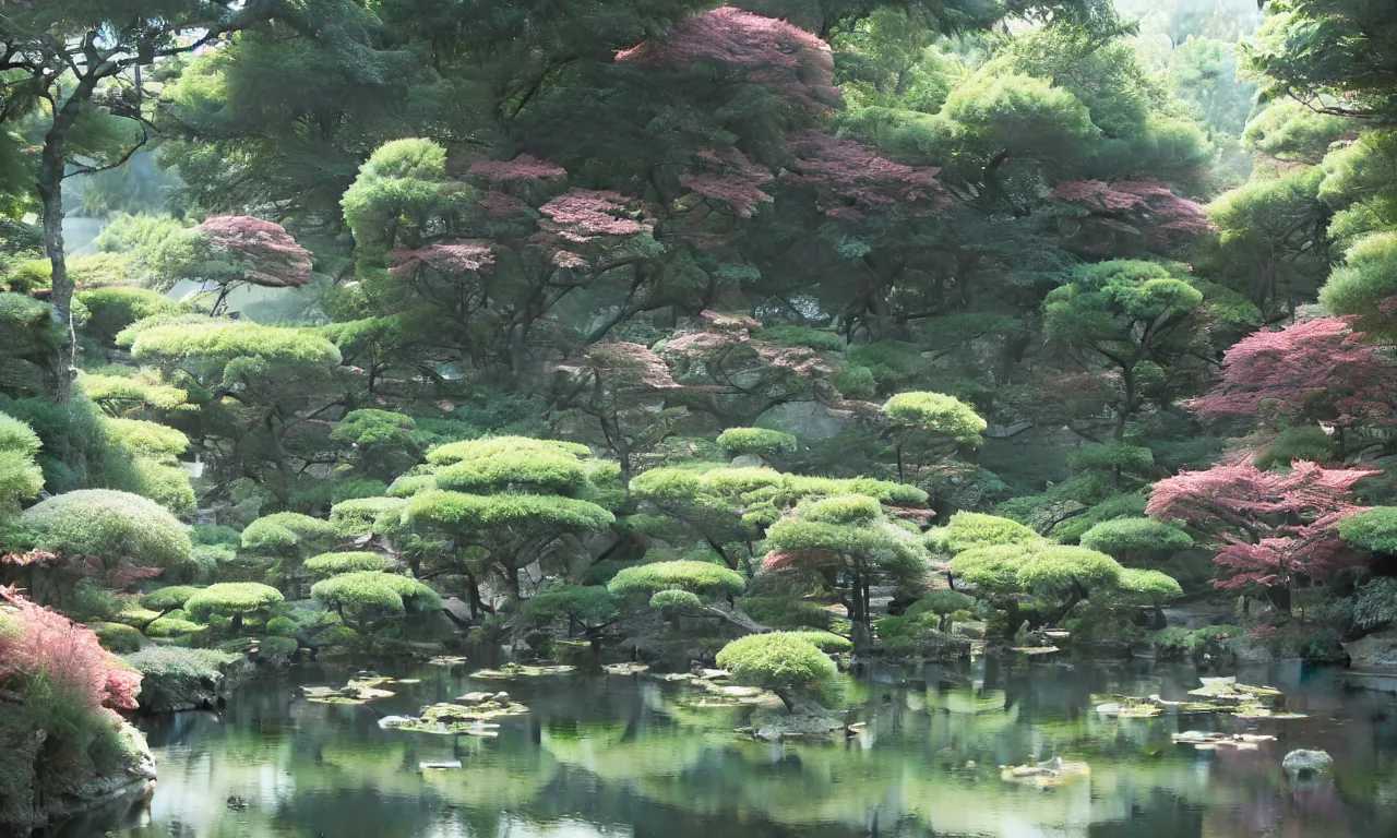 Prompt: A peaceful and idyllic view of a Japanese garden, peaceful, calming, soft light, high detailed, illustration, watercolor brush strokes, trendy on artstation, by Yann Dalon and Mandy Jurgens