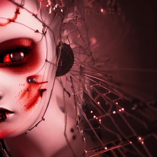 Image similar to Gorgeous feminine porcelain doll with cracking skin and machine parts, glowing red eyes, full body portrait, wires, cyborg, beautiful shattered porcelain skin, gothic, steampunk, glowing red eyes, magic runes, feminine anatomy, witchcraft, hex, shadows, cinematic lighting, octane render, 8k high detail