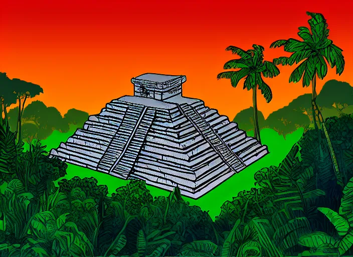 Prompt: Mayan temple in the middle of the jungle in the style of Lucasarts and Bill Tiller, Digital Art.