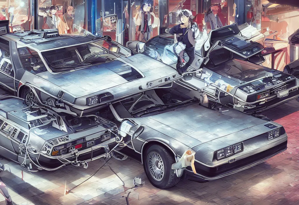 Prompt: An anime art of two delorean, digital art, 8k resolution, anime style, high detail, lowrider style, wide angle