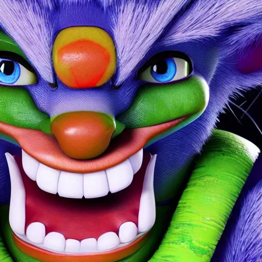 Prompt: upclose portrait of crash bandicoot making a crazy face, digital art, vivid colors, by hirohiko araki, very detailed picture with lots of emotion, trending on artstation, high fidelity, 8 k, has a very realistic look to it, hyper realism